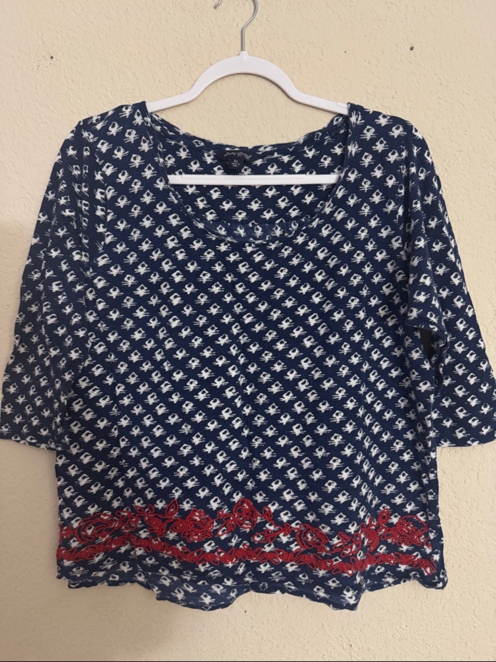 Lucky Brand XL Navy Patterned V-Neck Blouse with Red Embroidered Hem